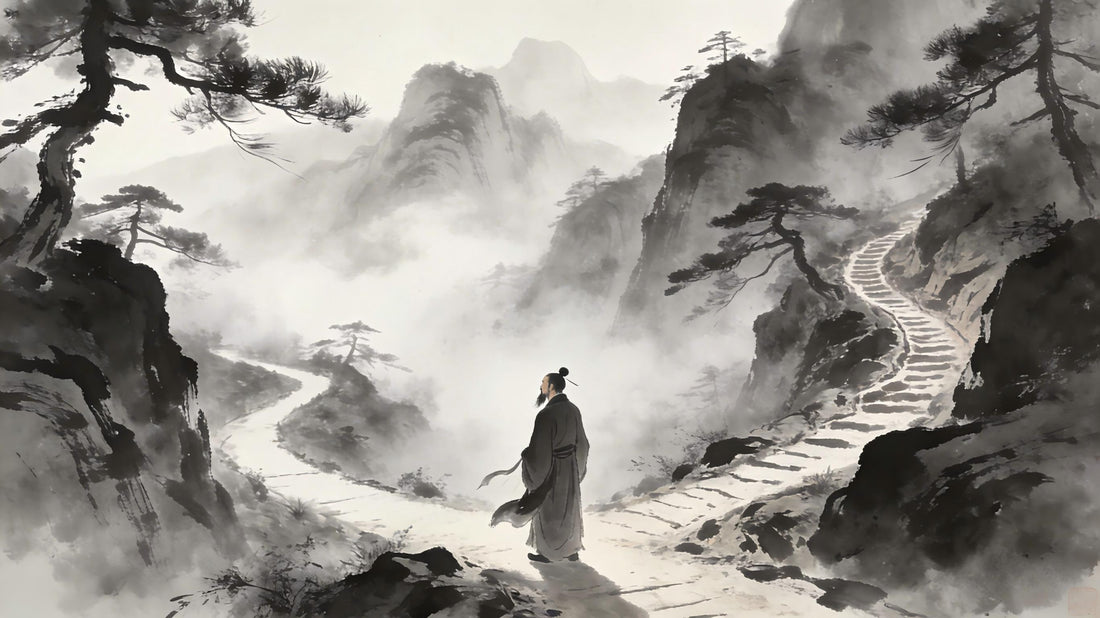 Taoist practitioner at crossroads in mountain mist, barrier of fear on Longhu Mountain