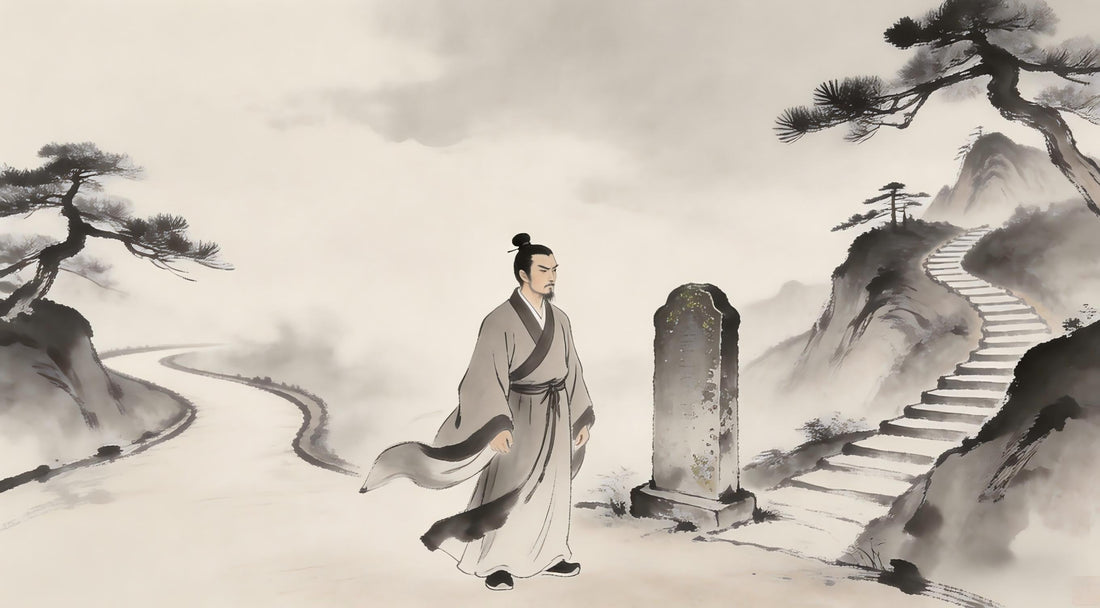 Practitioner standing at mountain crossroads, contemplating perseverance, Longhu Mountain