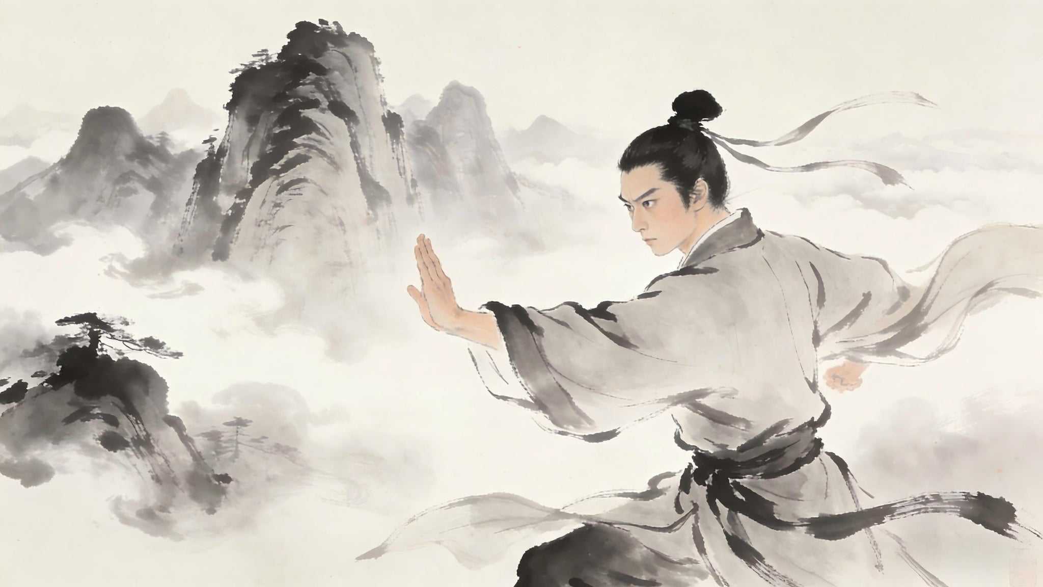 Taoist practitioner releasing attachment to physical form in mountain setting