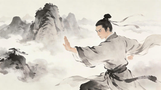 Taoist practitioner releasing attachment to physical form in mountain setting
