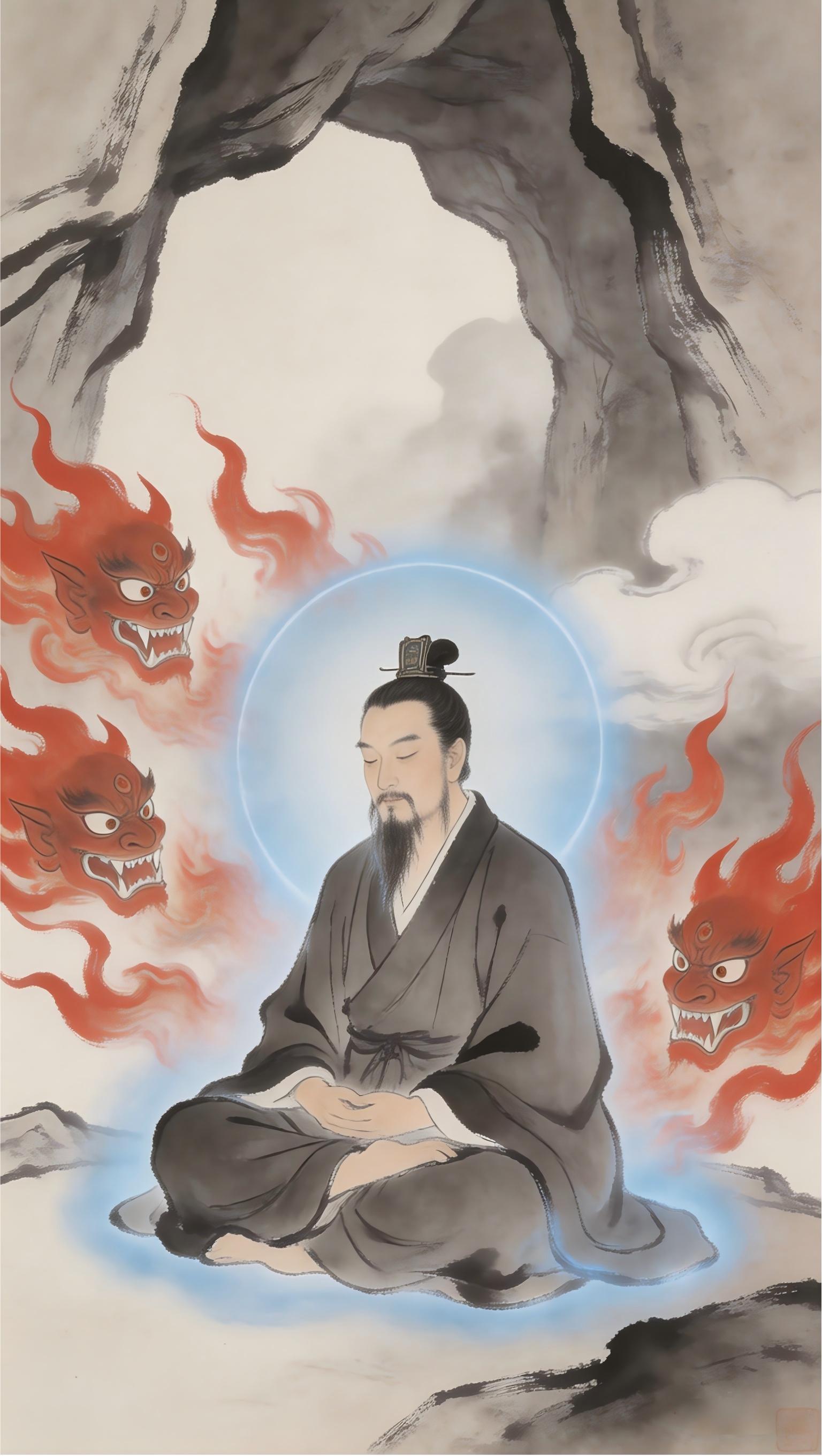 Taoist practitioner meditating in cave surrounded by flames of anger, maintaining inner peace