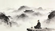 龙虎山清晨道观雾气缭绕，道士打坐修行场景