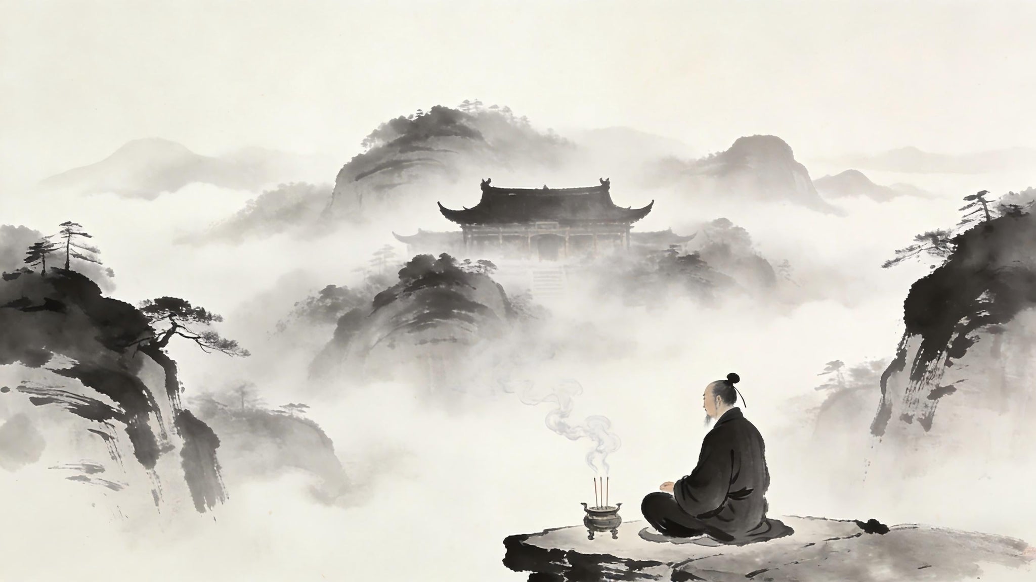 龙虎山清晨道观雾气缭绕，道士打坐修行场景