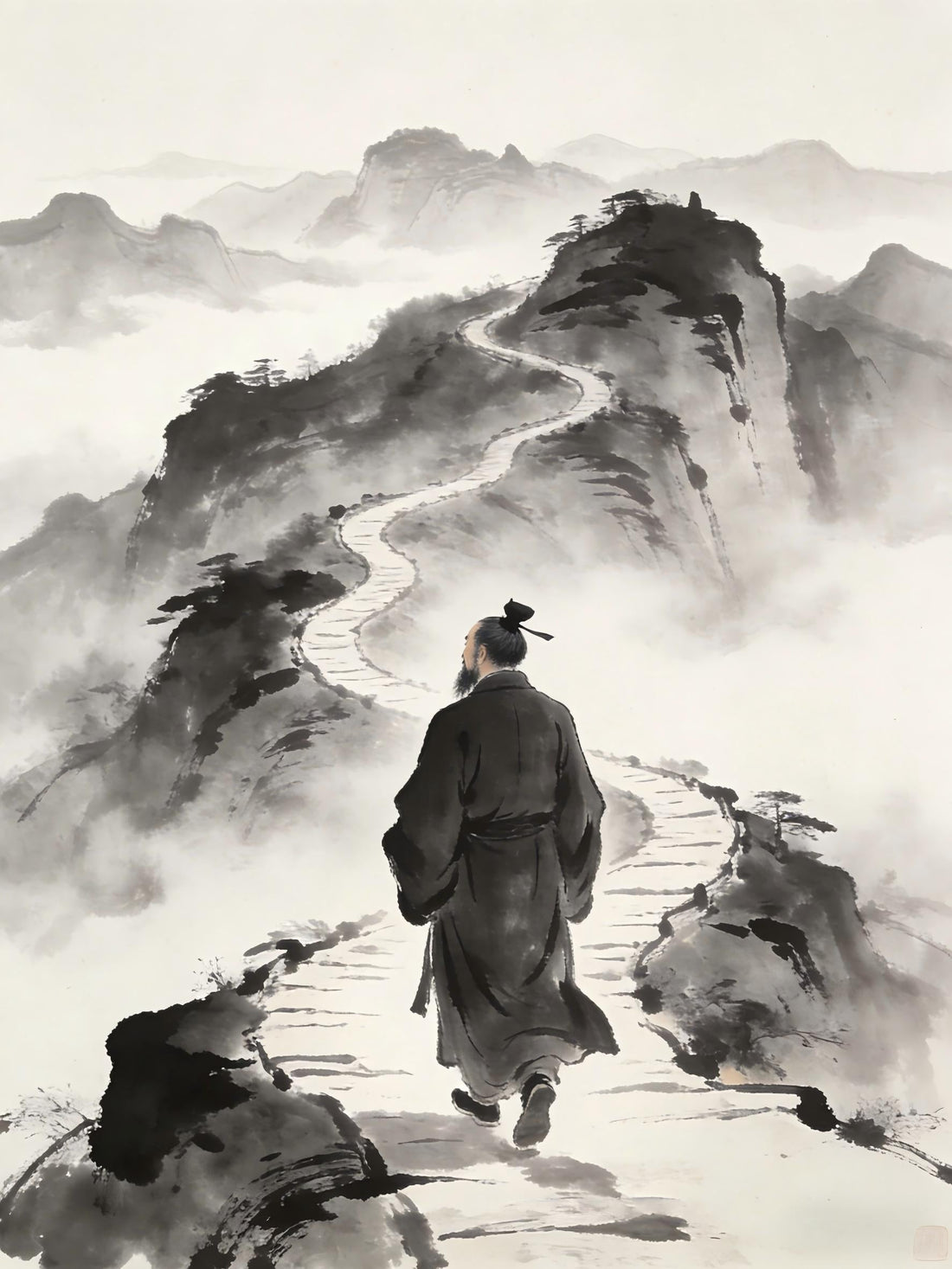 Taoist practitioner walking mountain path, barrier of laziness Zhengyi cultivation practice, Longhu Mountain