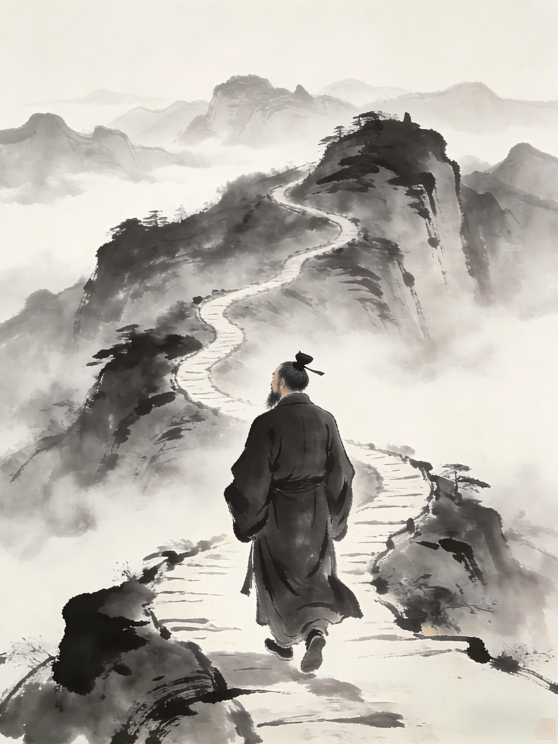 Taoist practitioner walking mountain path, barrier of laziness Zhengyi cultivation practice, Longhu Mountain
