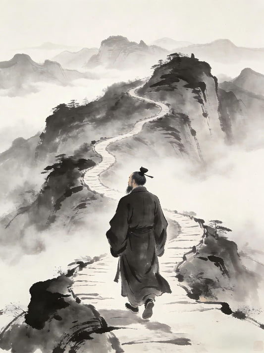 Taoist practitioner walking mountain path, barrier of laziness Zhengyi cultivation practice, Longhu Mountain