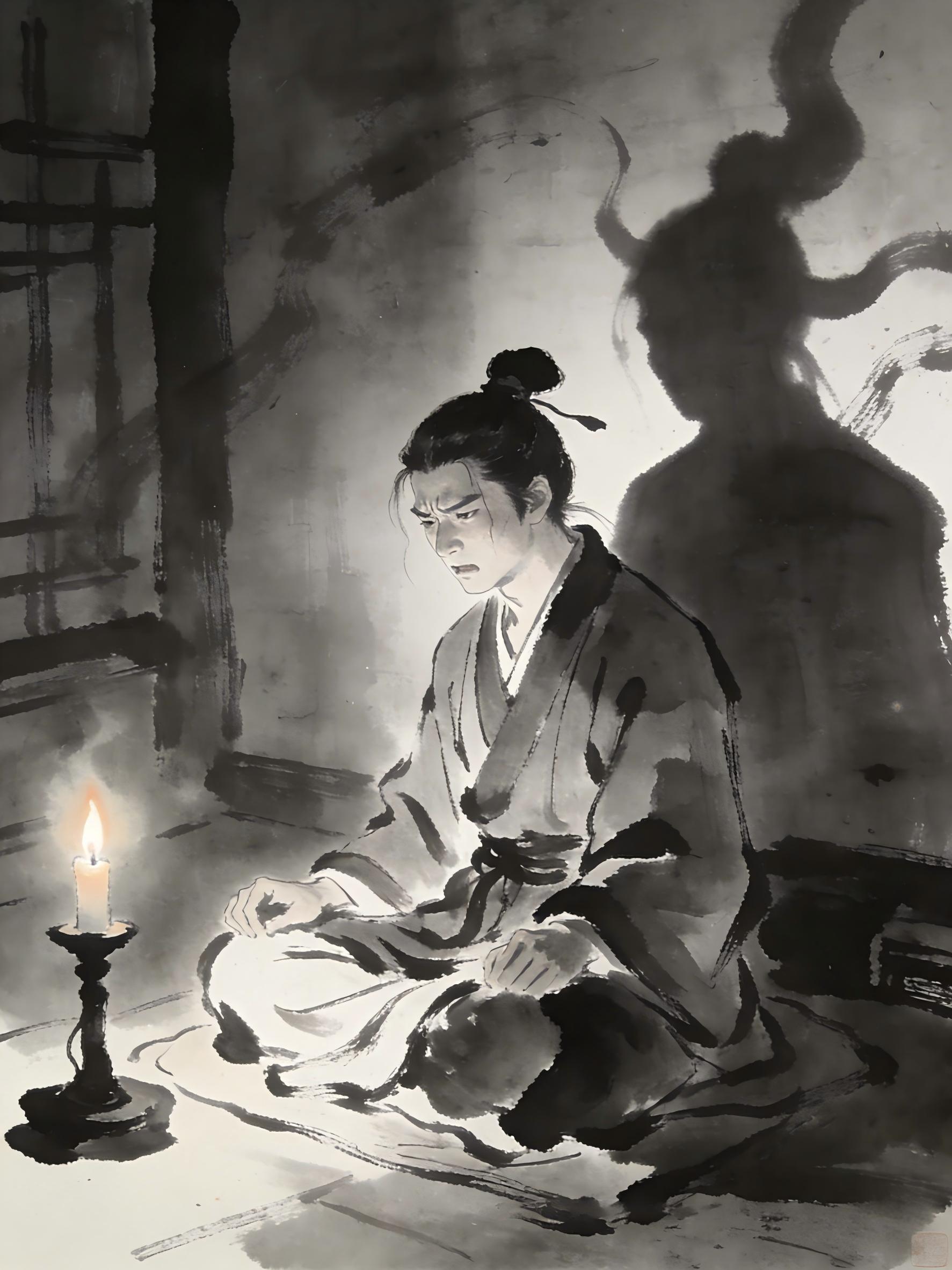 Young Taoist practitioner in dark meditation room, facing mortality