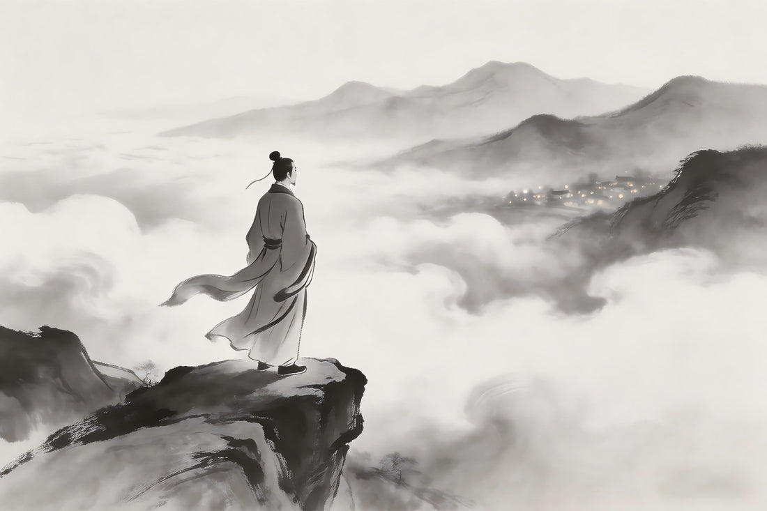 A young Taoist monk standing on a cliff edge, gazing at the mortal world below with contemplative eyes, symbolizing the moment of recognizing attachment as a barrier