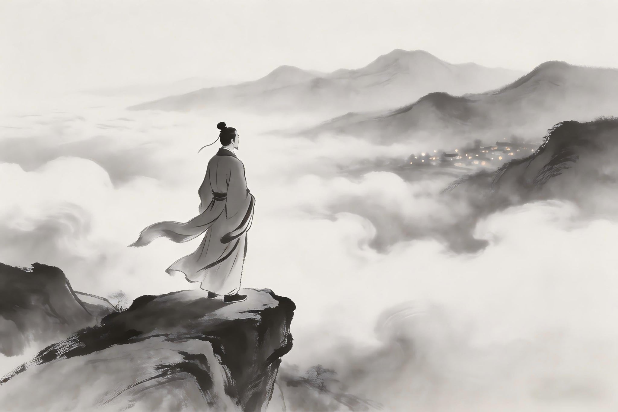 A young Taoist monk standing on a cliff edge, gazing at the mortal world below with contemplative eyes, symbolizing the moment of recognizing attachment as a barrier