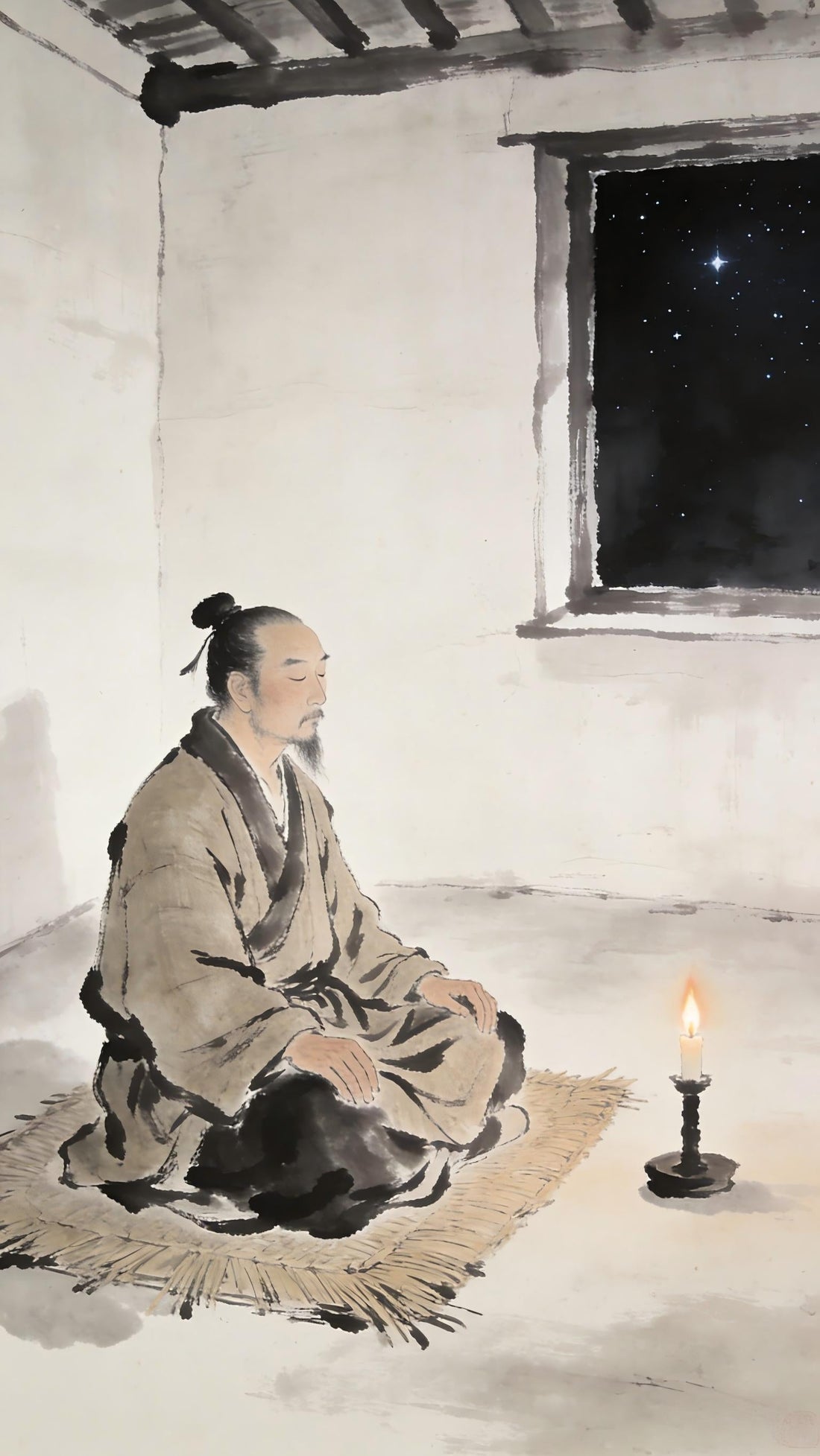 Taoist practitioner meditating in sparse room with single candle, cultivation in poverty
