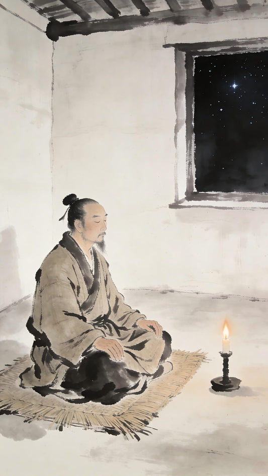 Taoist practitioner meditating in sparse room with single candle, cultivation in poverty