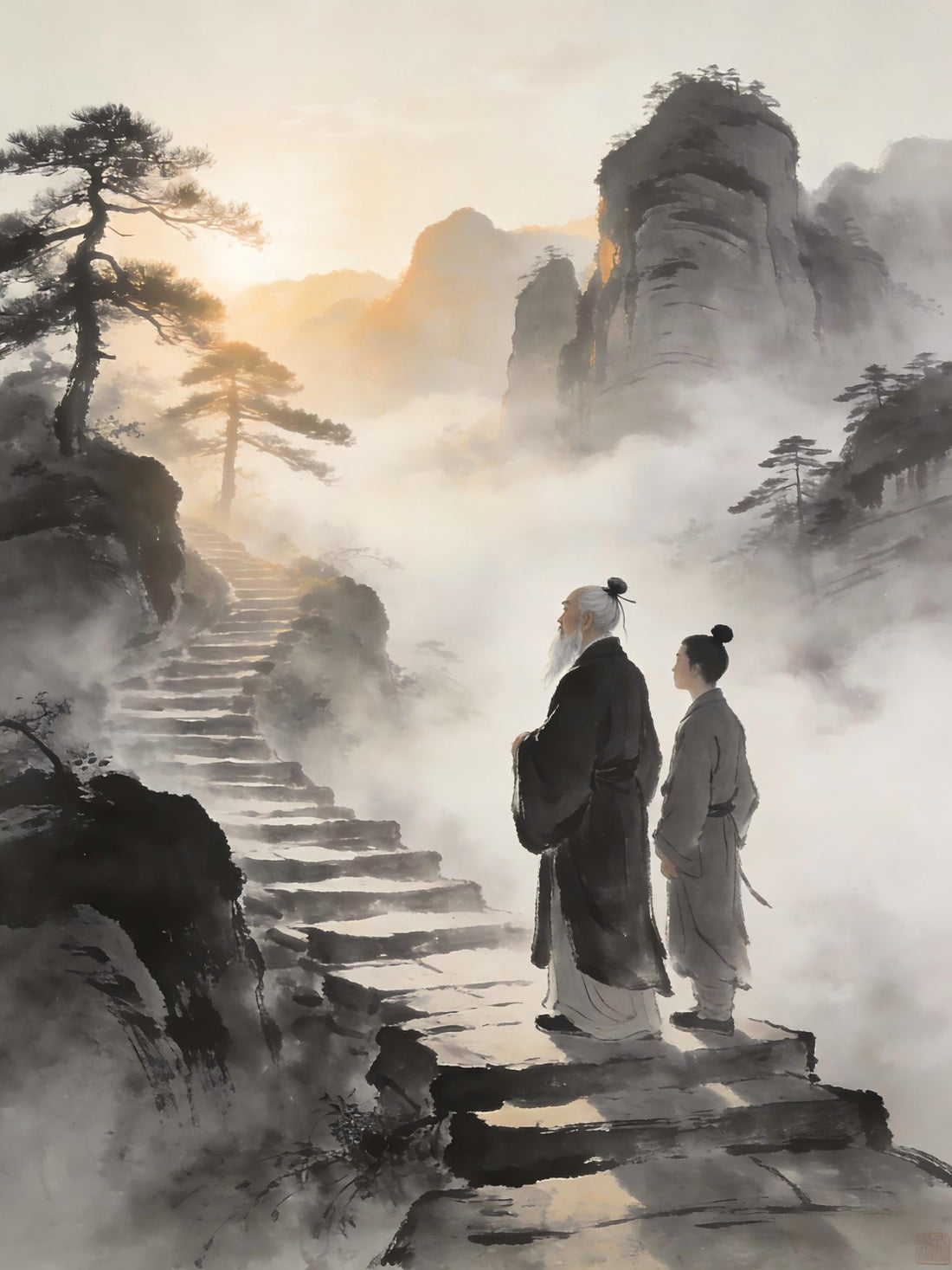 Master and disciple on Longhu Mountain at dawn