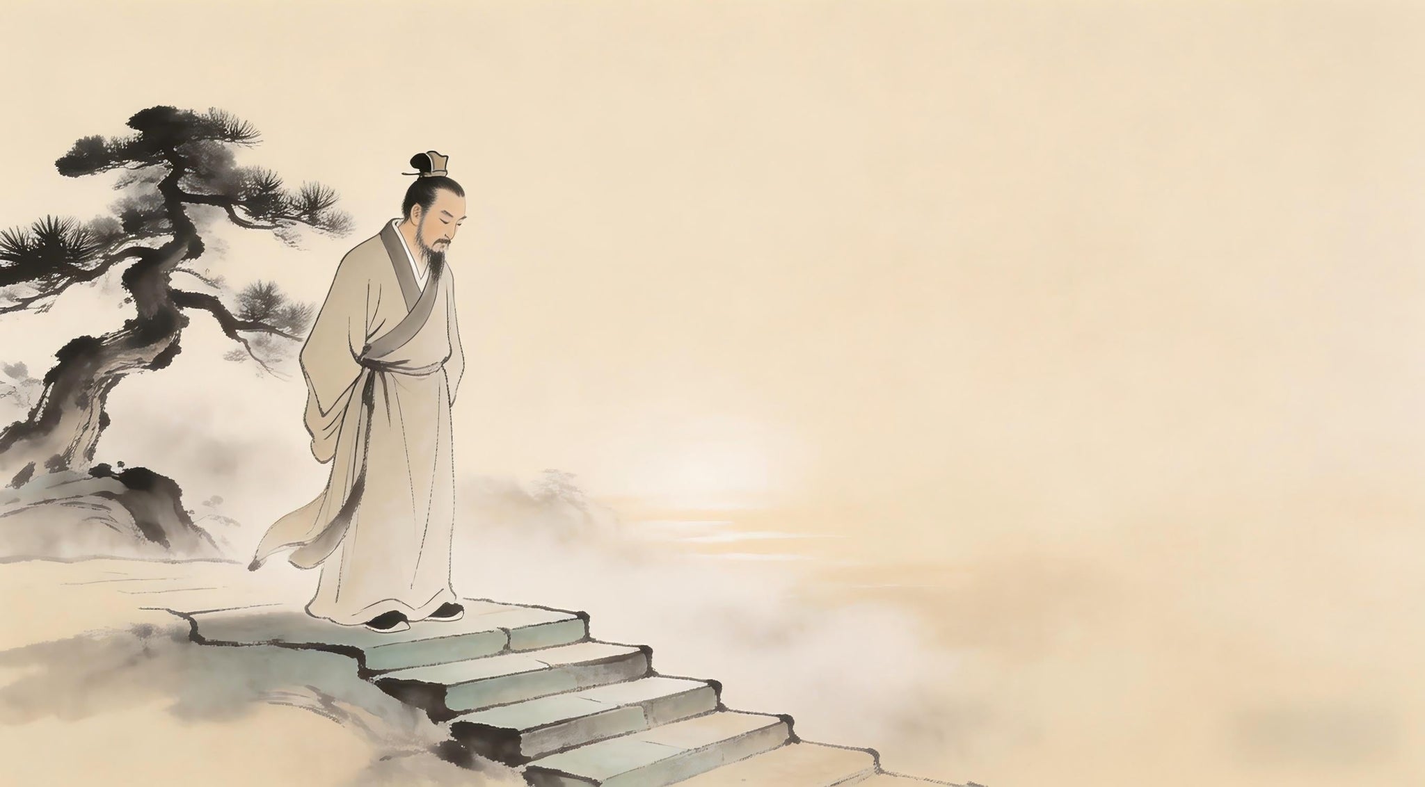 Taoist priest standing alone on temple steps at dawn, contemplating endurance, Longhu Mountain