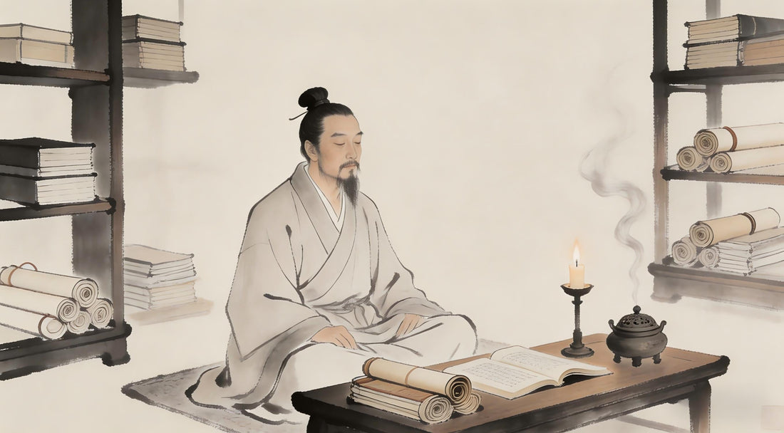 Taoist priest meditating in temple library, Taoist teaching on foundation, Longhu Mountain