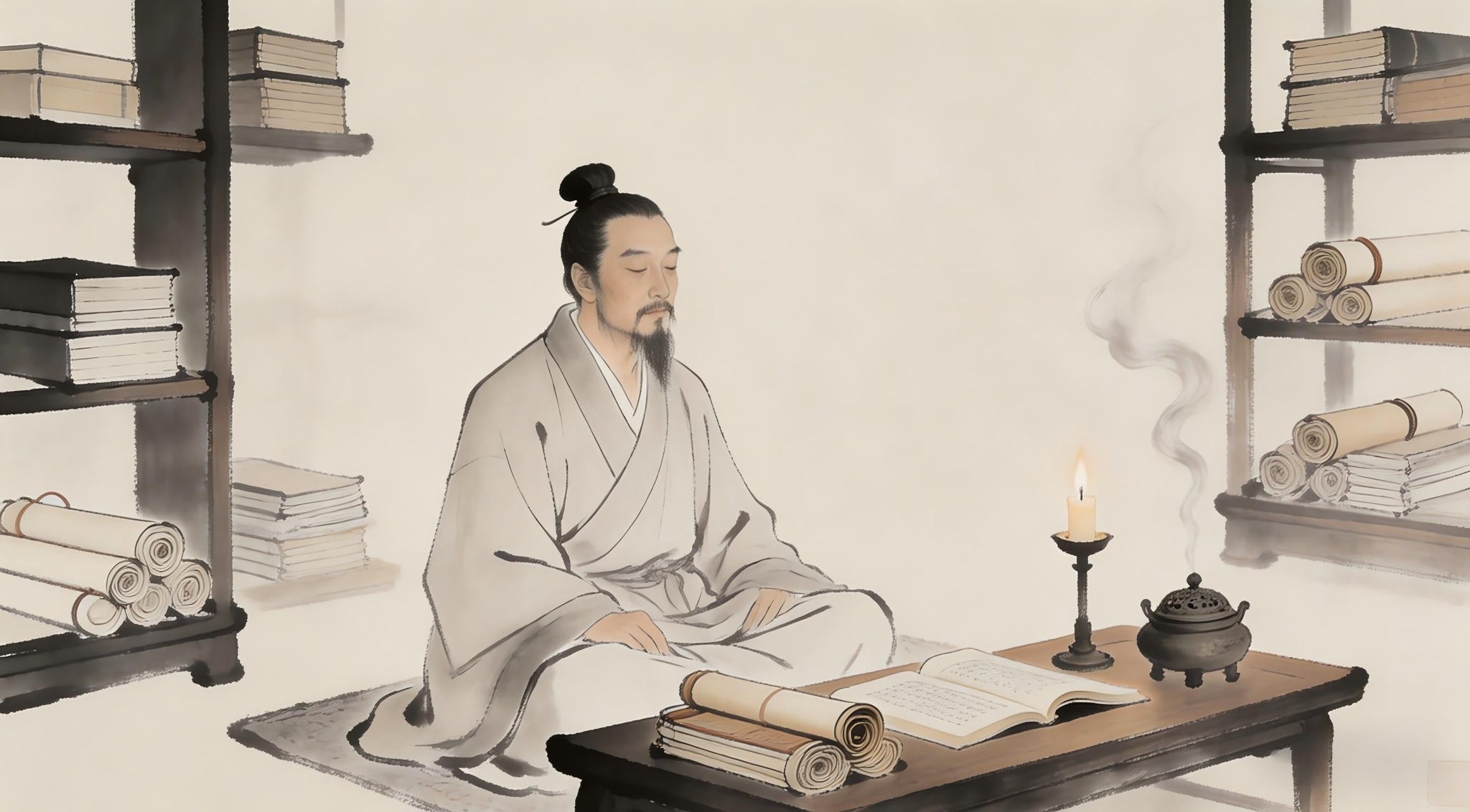 Taoist priest meditating in temple library, Taoist teaching on foundation, Longhu Mountain