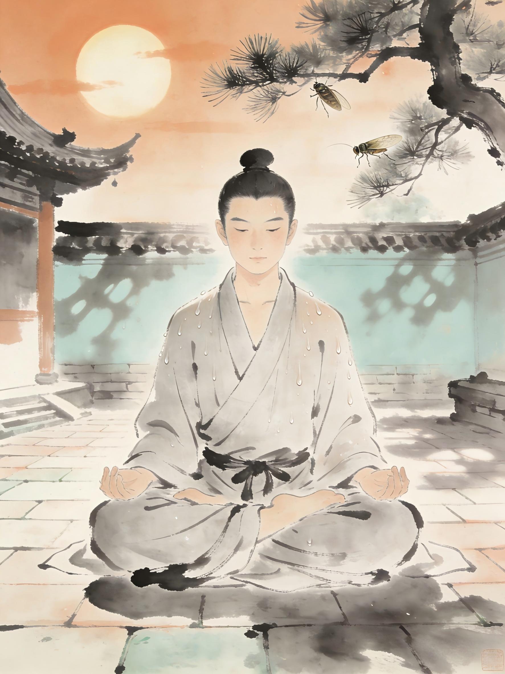 Taoist practitioner meditating in summer heat, sweat-soaked robes but serene expression