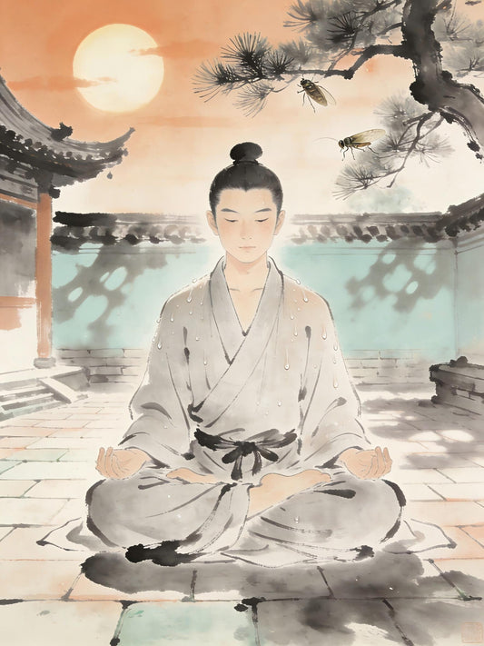 Taoist practitioner meditating in summer heat, sweat-soaked robes but serene expression