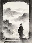 Taoist practitioner standing at mountain gate, hesitation before the Tao, barrier of timidity Zhengyi cultivation Longhu Mountain