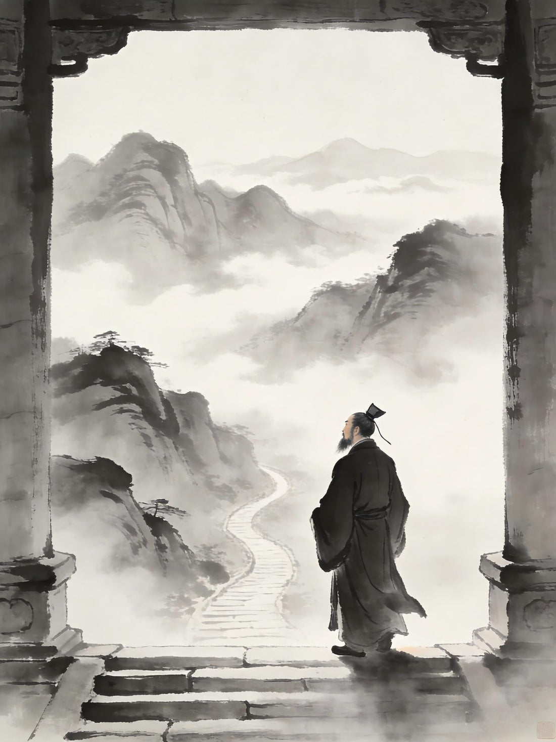 Taoist practitioner standing at mountain gate, hesitation before the Tao, barrier of timidity Zhengyi cultivation Longhu Mountain