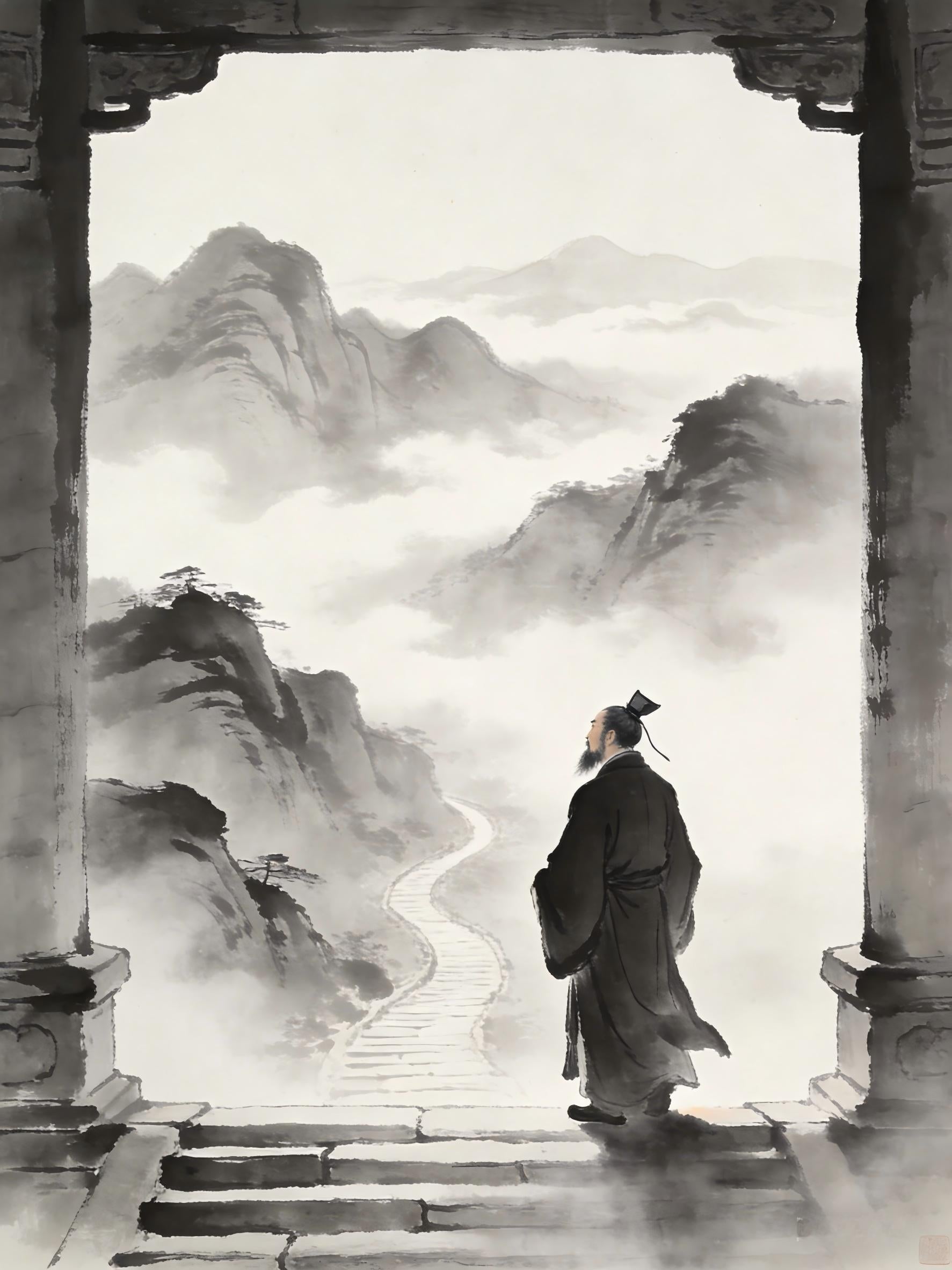 Taoist practitioner standing at mountain gate, hesitation before the Tao, barrier of timidity Zhengyi cultivation Longhu Mountain