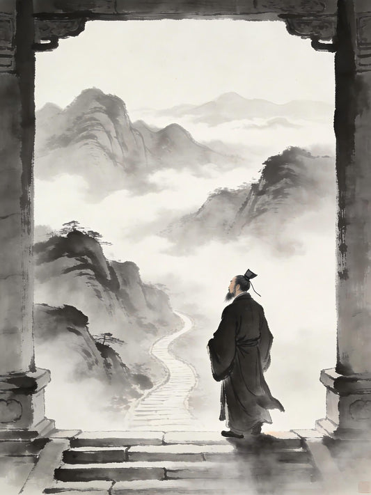 Taoist practitioner standing at mountain gate, hesitation before the Tao, barrier of timidity Zhengyi cultivation Longhu Mountain