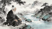 Taoist priest sitting beside mountain stream, contemplating the Dao, Longhu Mountain