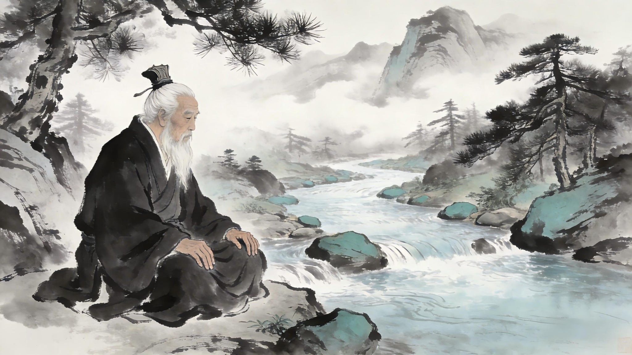 Taoist priest sitting beside mountain stream, contemplating the Dao, Longhu Mountain