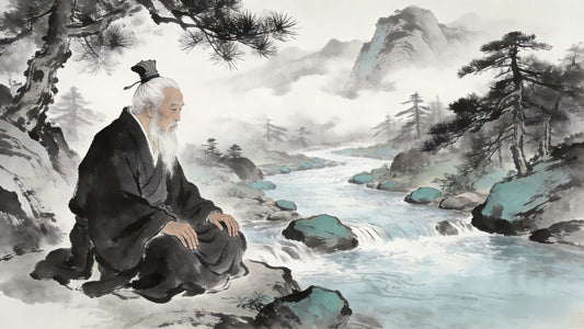 Taoist priest sitting beside mountain stream, contemplating the Dao, Longhu Mountain