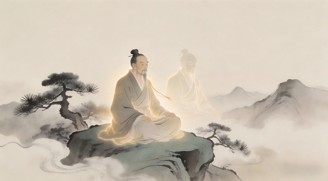 Taoist master in luminous form beside meditating disciple, Longhu Mountain