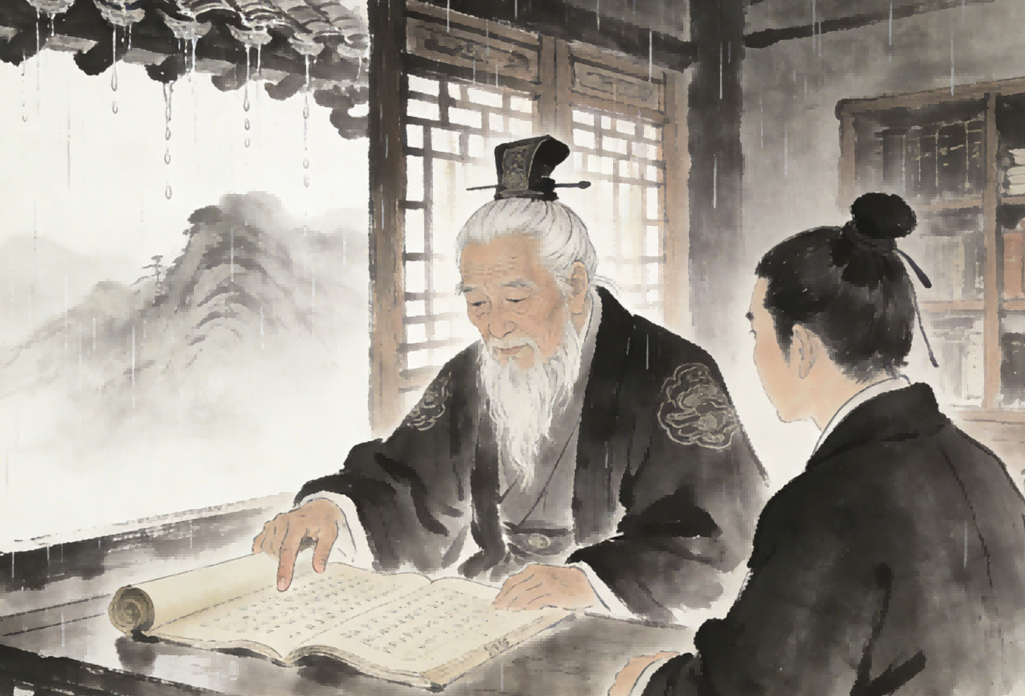 Rainy afternoon in Tianshi Fu library, elderly Taoist priest explaining the Eight Difficulties, Longhu Mountain Zhengyi tradition