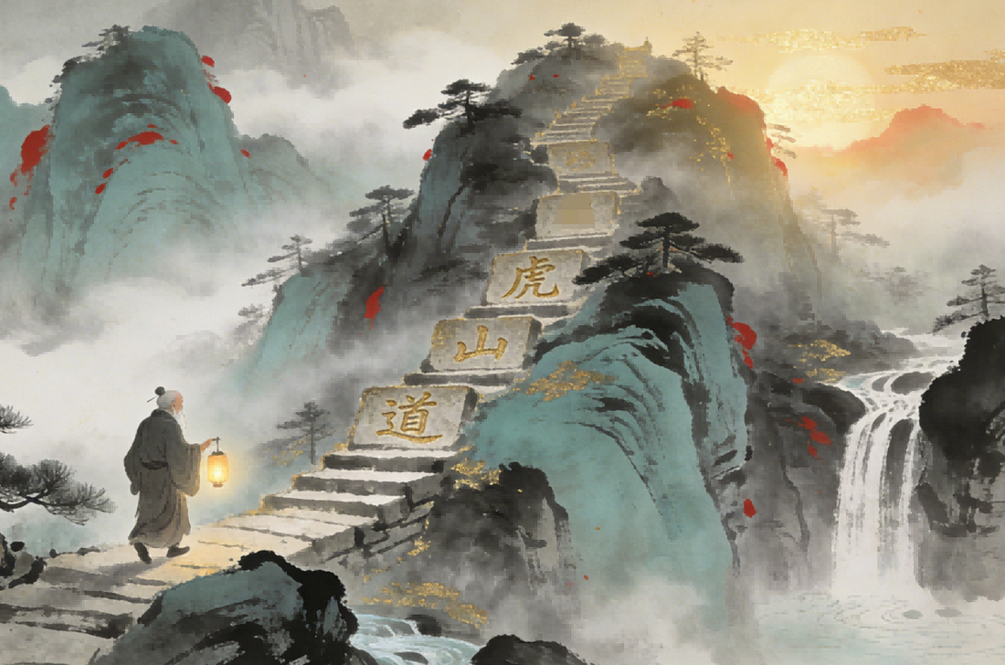 Taoist eighty-one difficulties path, ink painting of Longhu Mountain mountain path with 81 stepping stones and elderly Taoist with lantern