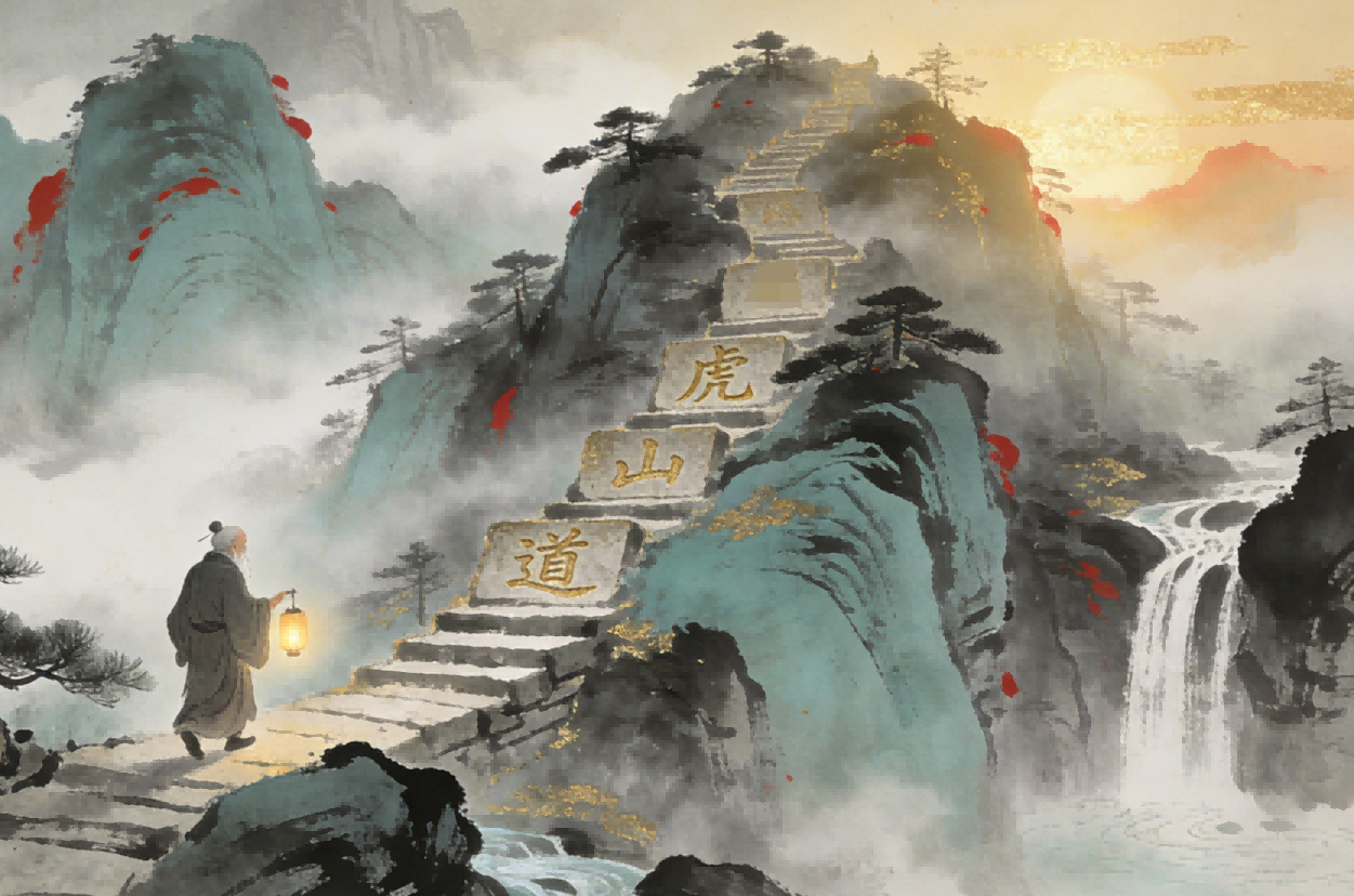 Taoist eighty-one difficulties path, ink painting of Longhu Mountain mountain path with 81 stepping stones and elderly Taoist with lantern