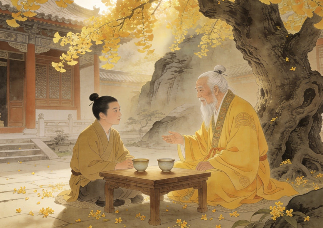 Taoist priest and student sharing tea beneath ginkgo tree, Five Blessings discussion