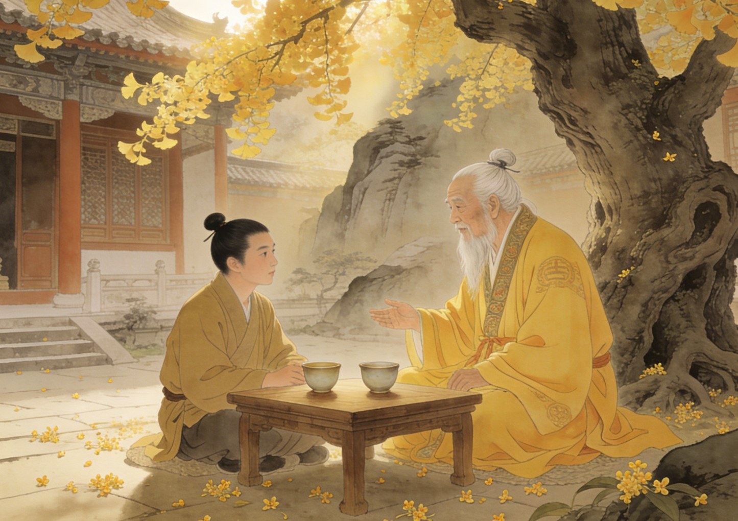 Taoist priest and student sharing tea beneath ginkgo tree, Five Blessings discussion