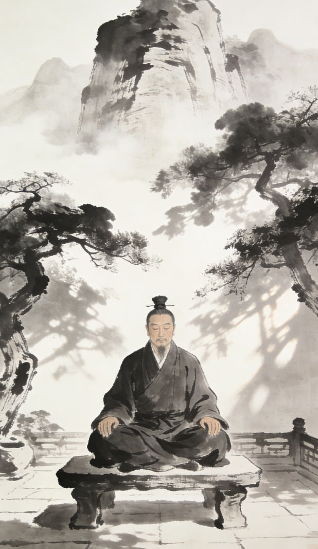 Taoist priest sitting peacefully in Longhu Mountain courtyard, Five Desires spiritual practice