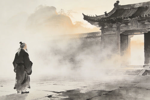 Temple courtyard at dawn on Longhu Mountain, mist rising, solitary figure looking toward the temple gates