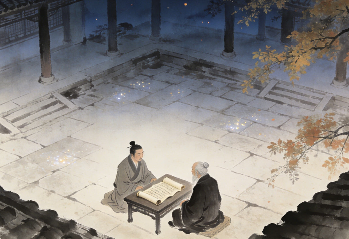 Taoist priest in conversation in temple courtyard, autumn evening, Five Jie teachings