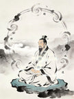 Taoist priest meditating with Five Qi flowing harmoniously, Internal Alchemy practice, Five Qi transformation