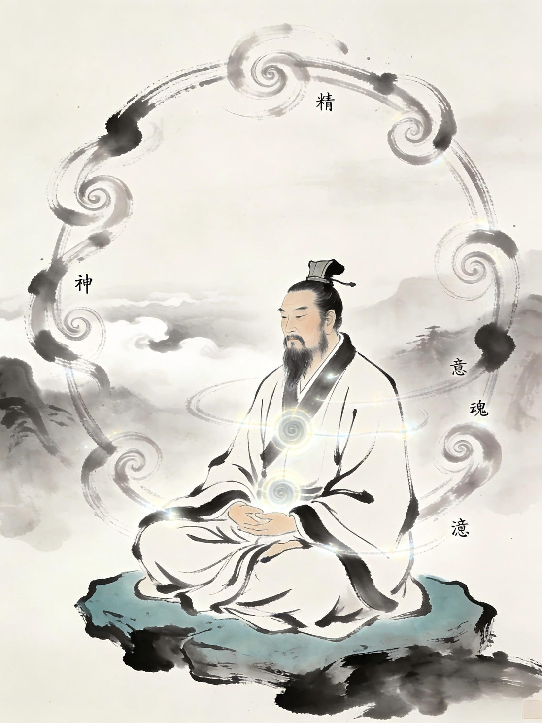 Taoist priest meditating with Five Qi flowing harmoniously, Internal Alchemy practice, Five Qi transformation
