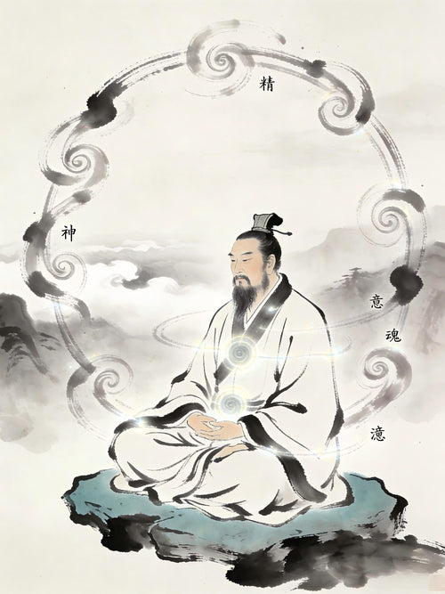 Taoist priest meditating with Five Qi flowing harmoniously, Internal Alchemy practice, Five Qi transformation
