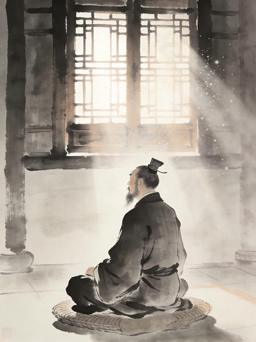 Taoist priest meditating in morning light, Five Spiritual Powers cultivation insight, Longhu Mountain Zhengyi tradition