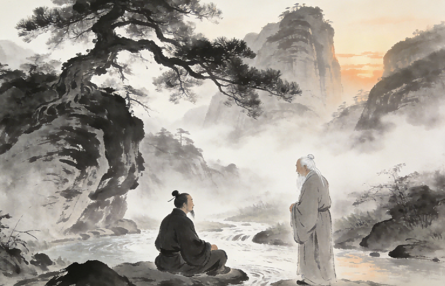 Longhu Mountain morning mist, pine trees and stream scene with Taoist master and disciple dialogue