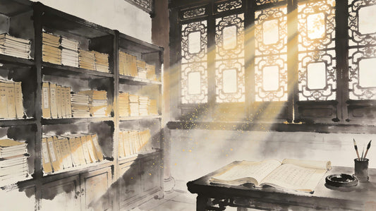 Interior of Tianshi Fu scripture hall at Longhu Mountain, sunlight streaming through high windows, ancient texts arranged on shelves, place of Five Transmissions sacred transmission