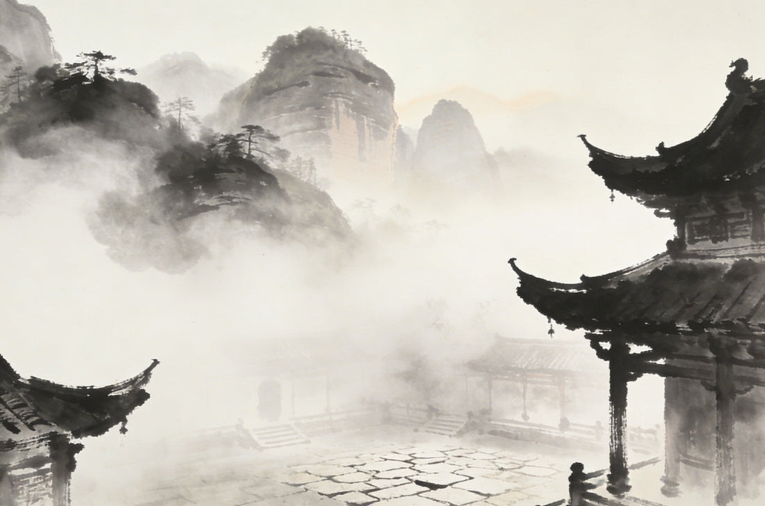 Foggy morning on Longhu Mountain, temple hall obscured by mist, Five Turbidities Taoist teaching