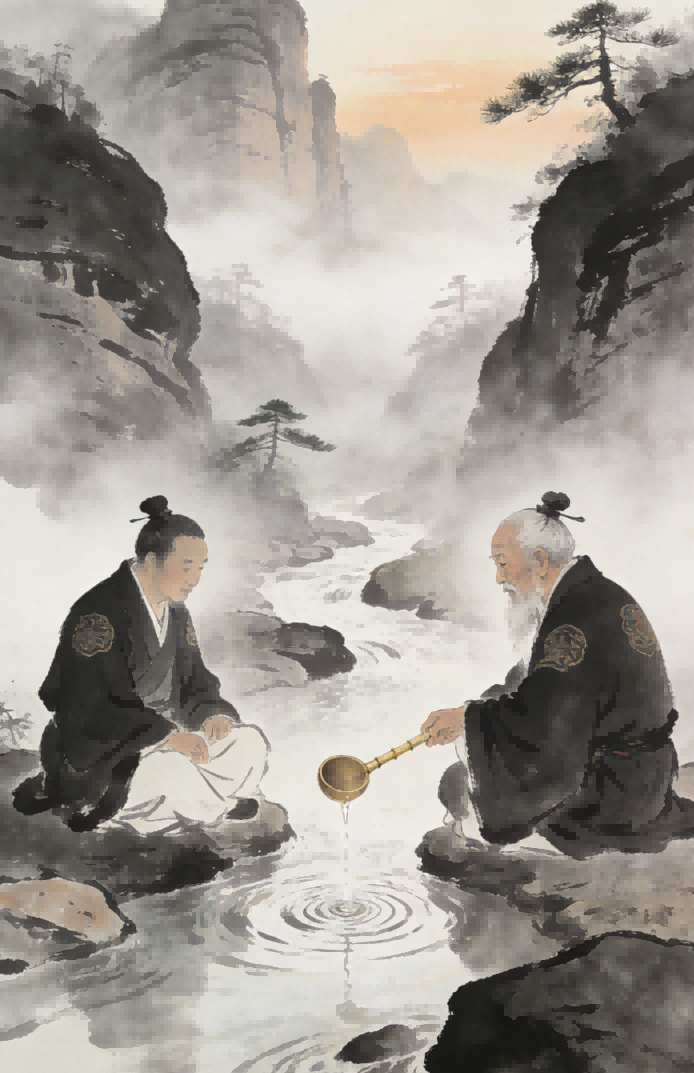 Two figures in Taoist robes meditate by a river, symbolizing the Five Void States in spiritual progression.