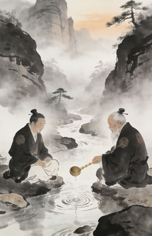 Two figures in Taoist robes meditate by a river, symbolizing the Five Void States in spiritual progression.