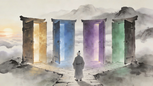 Four ancient wooden doors representing the Four Causes of Awakening in Taoist practice, with a Taoist practitioner standing at the crossroads