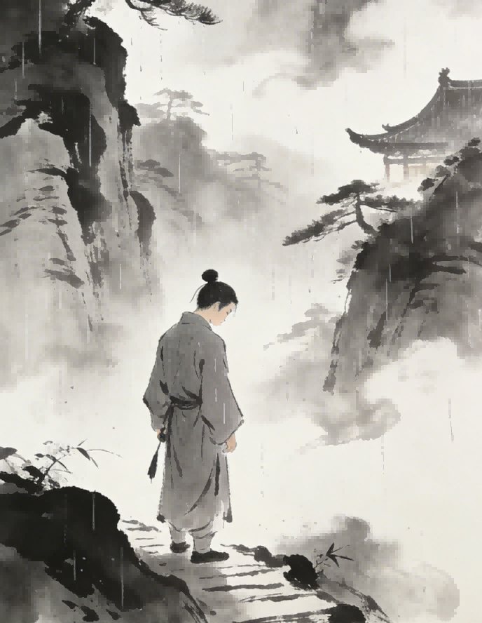 Longhu Mountain in the rain, young Taoist practitioner standing in contemplation, theme of spiritual obstacles in Taoist practice