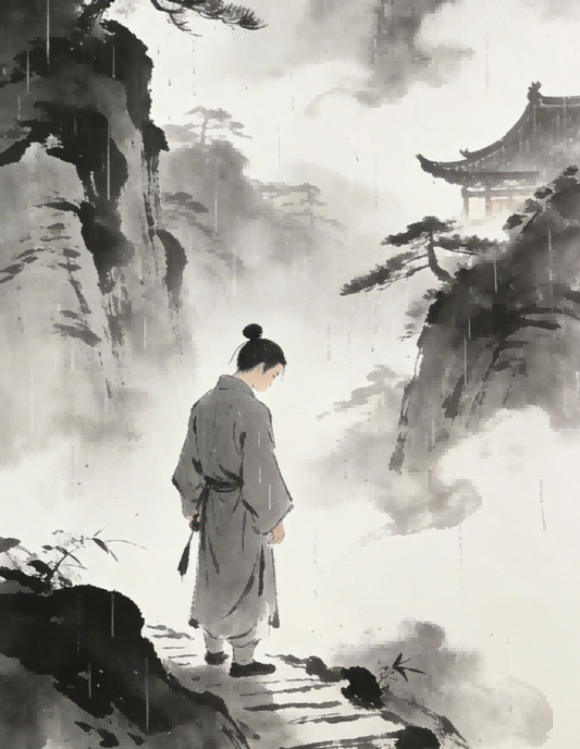 Longhu Mountain in the rain, young Taoist practitioner standing in contemplation, theme of spiritual obstacles in Taoist practice