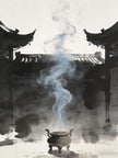 Incense smoke rising at Tianshi Fu temple, symbolizing the Four Offices watching human actions, Longhu Mountain Zhengyi tradition